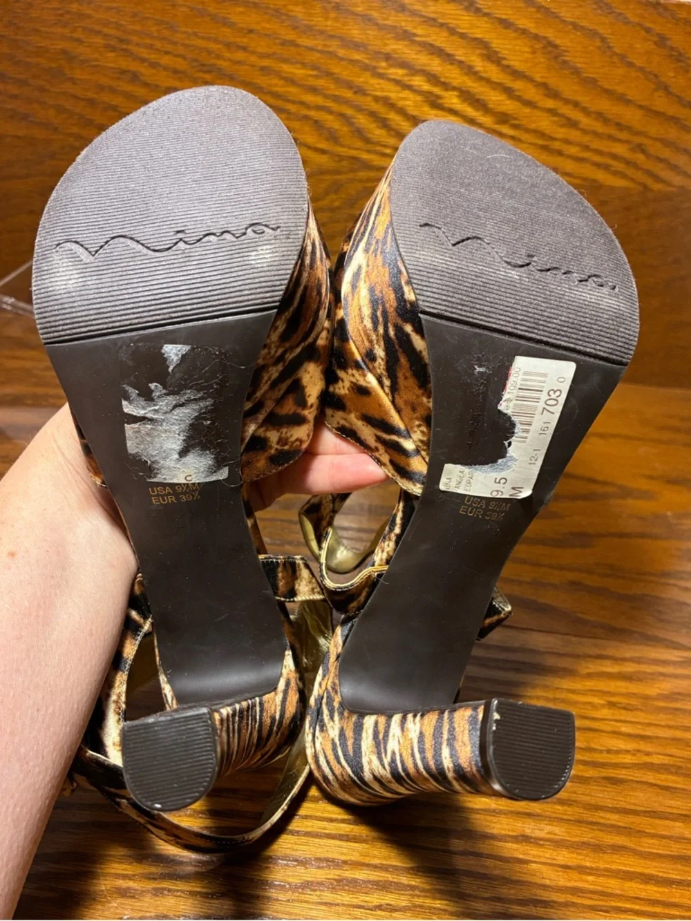 Nina Leopard Print Satin Ankle Strap Platform Open Toe Heels Tan Brown Size 9.5
